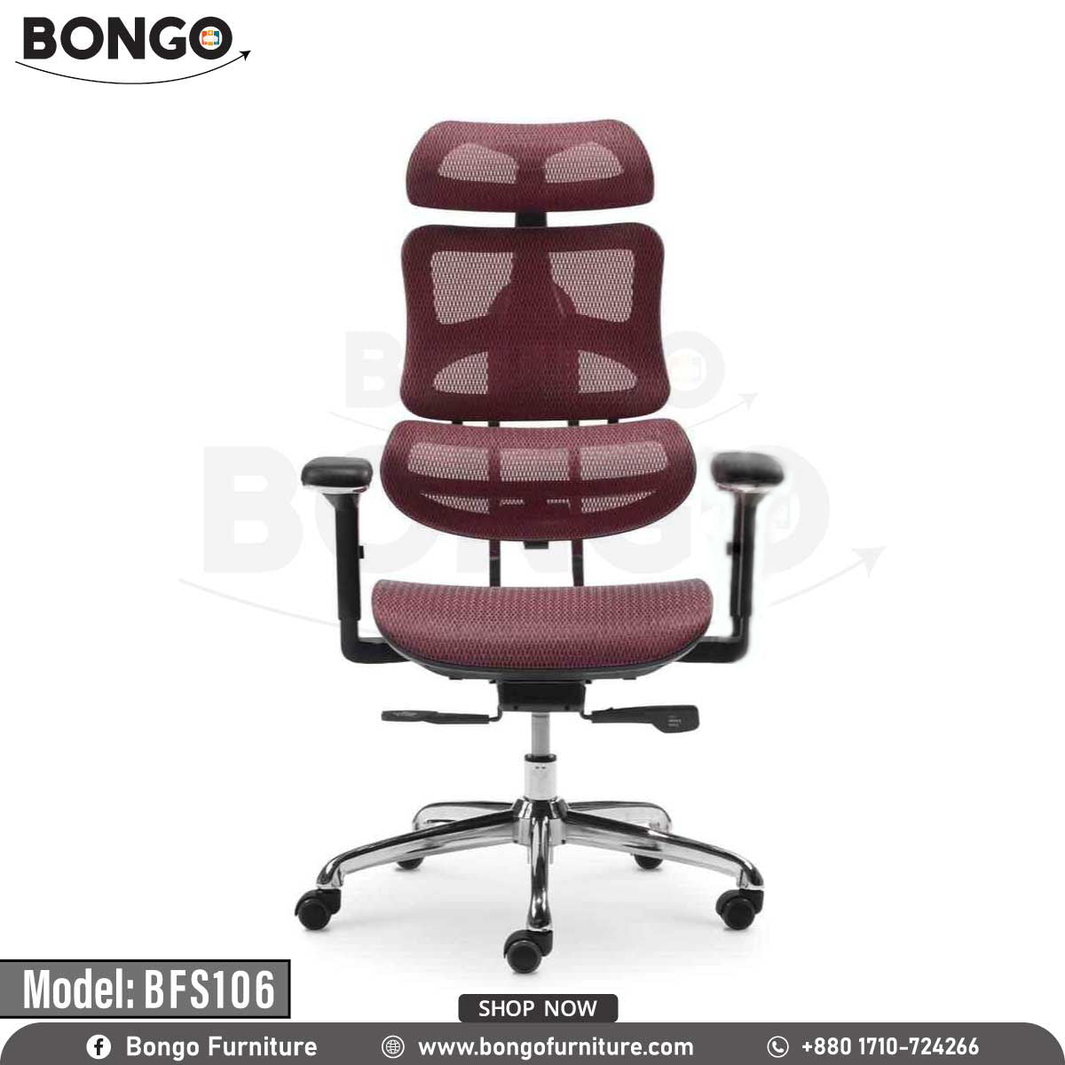 A Red Wine office chair with a mesh backrest, aluminum base, and 360-degree nylon wheels. The chair has adjustable armrests and a headrest, and is presented against a white background with the Bongo Furniture logo.