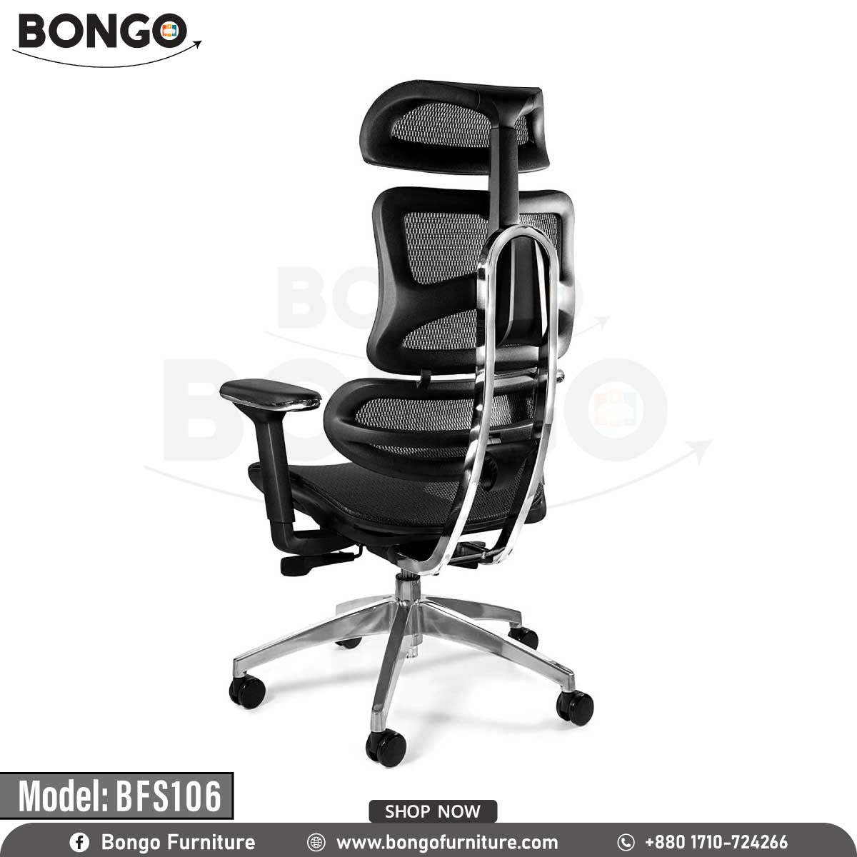 A black office chair with a mesh backrest, aluminum base, and 360-degree nylon wheels. The chair has adjustable armrests and a headrest, and is presented against a white background with the Bongo Furniture logo.