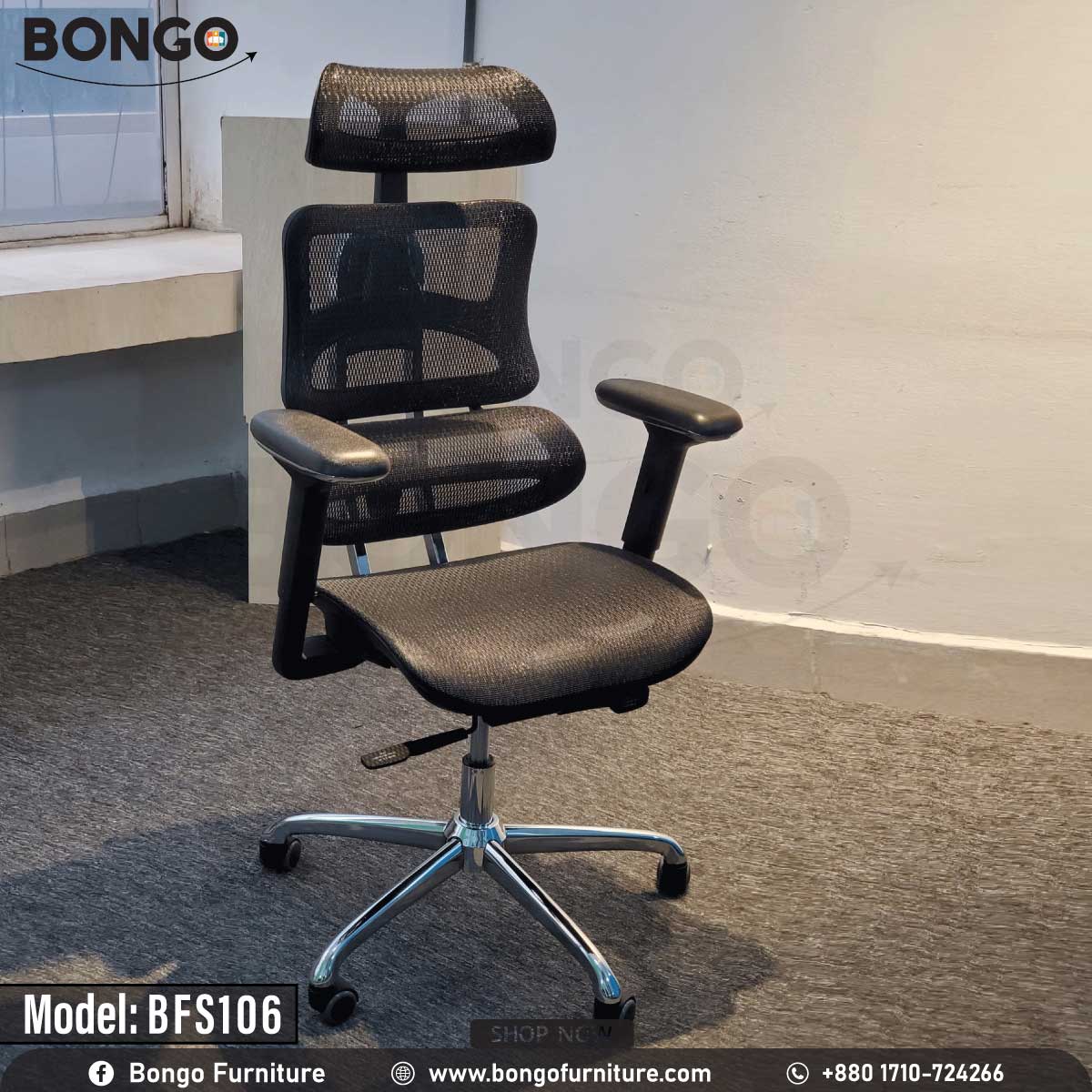 A Black office chair with a mesh backrest, aluminum base, and 360-degree nylon wheels. The chair has adjustable armrests and a headrest, and is presented against a white background with the Bongo Furniture logo.