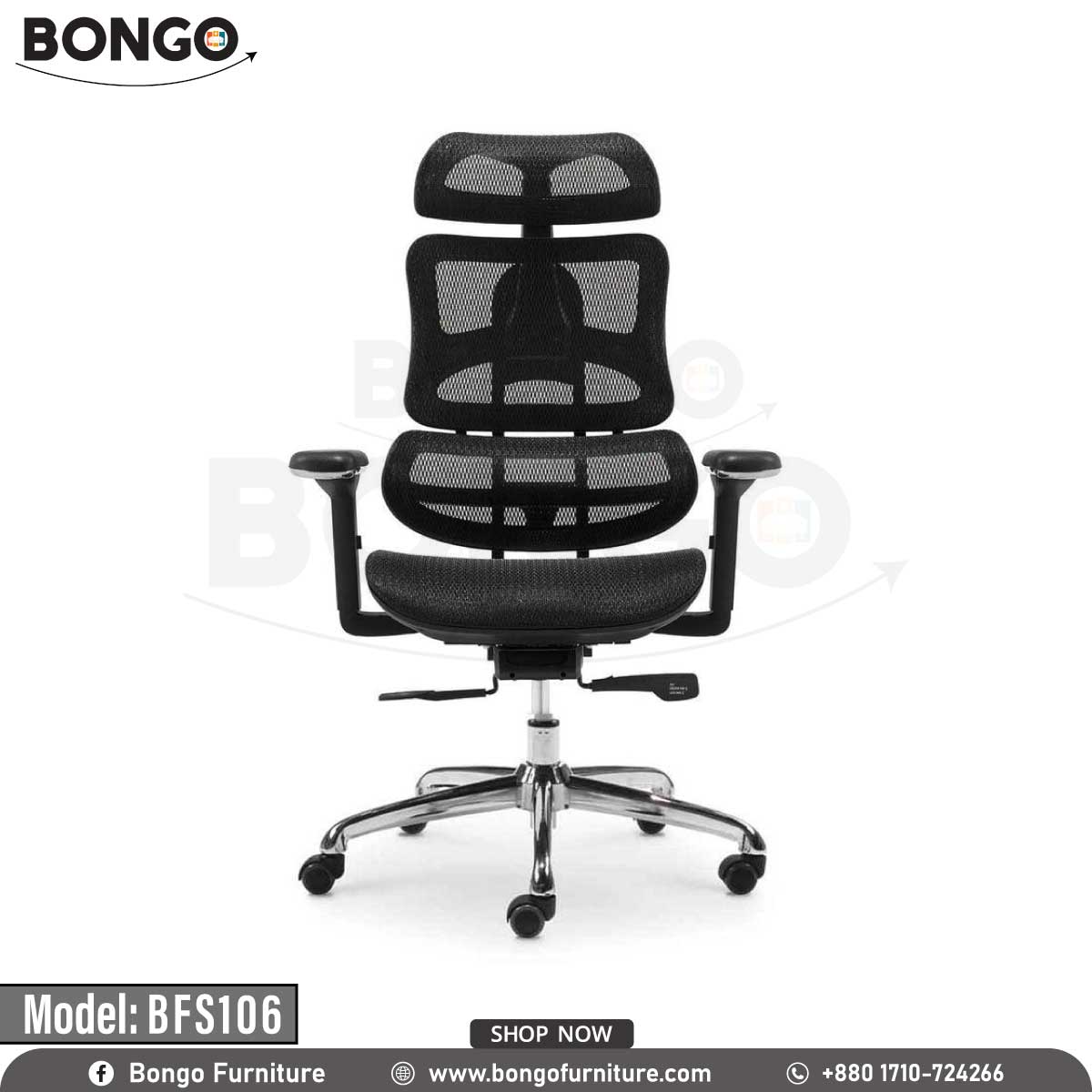 A black office chair with a mesh backrest, aluminum base, and 360-degree nylon wheels. The chair has adjustable armrests and a headrest, and is presented against a white background with the Bongo Furniture logo.