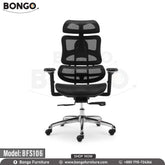 A black office chair with a mesh backrest, aluminum base, and 360-degree nylon wheels. The chair has adjustable armrests and a headrest, and is presented against a white background with the Bongo Furniture logo.