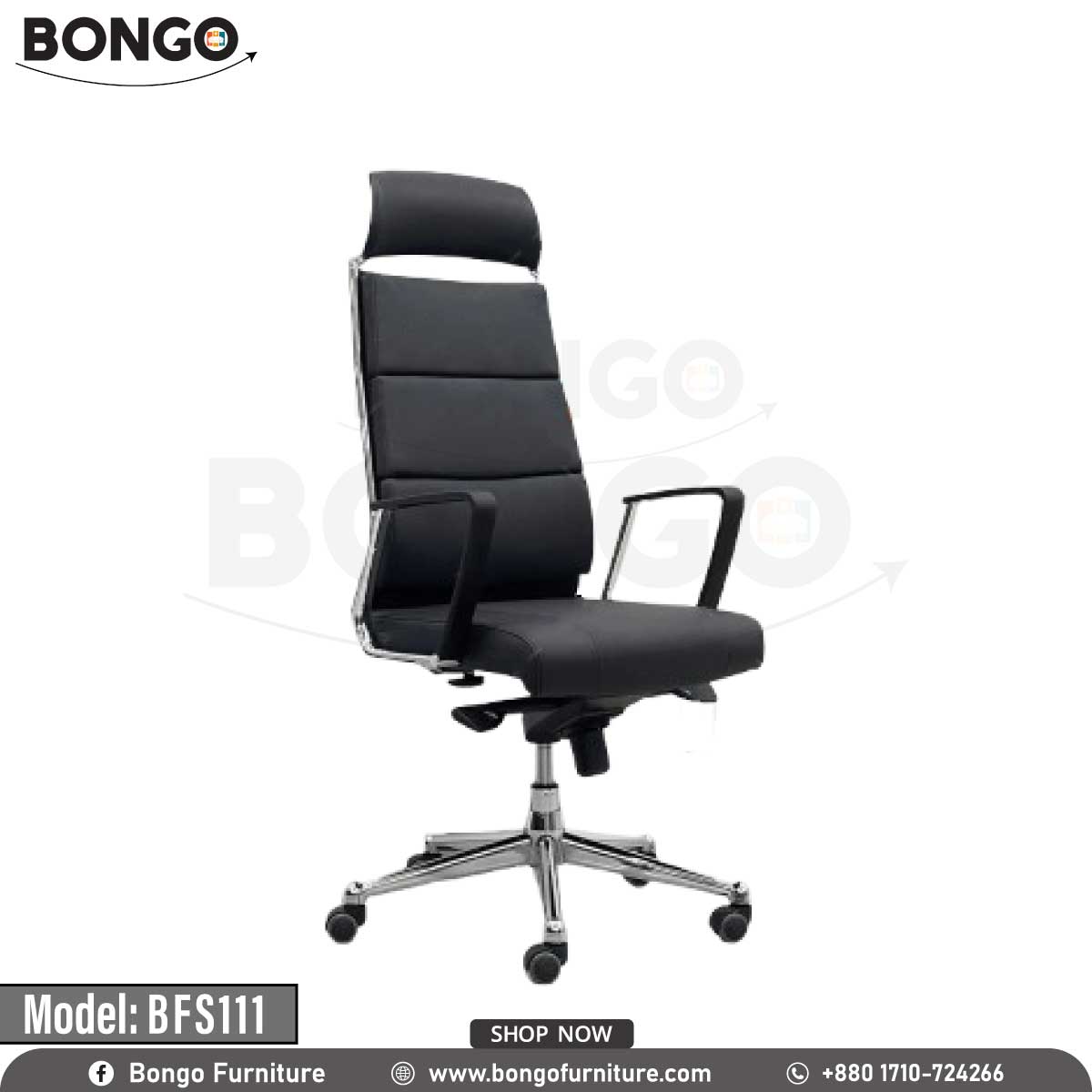 A black office chair with a chrome base and armrests, labeled as 'BFS111' and 'Model BFS11'.