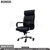 A black director chair with a high backrest, armrests, and a five-point wheeled base, made of heavy-duty stainless steel and covered in high-quality PU leather.