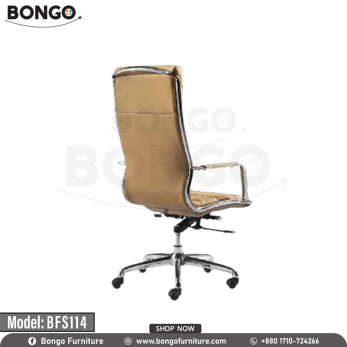 A brown leather Excalibur Boss Chair with a stainless steel base and nylon wheels, model BFS114, on a white background.
