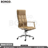 A brown leather Excalibur Boss Chair with a stainless steel base and nylon wheels, model BFS114, on a white background.