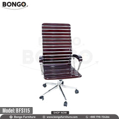 A brown office chair with a stainless steel body and solid wood seat, featuring a chrome base and nylon wheels. A brown office chair with a stainless steel body and solid wood seat, featuring a chrome base and nylon wheels.