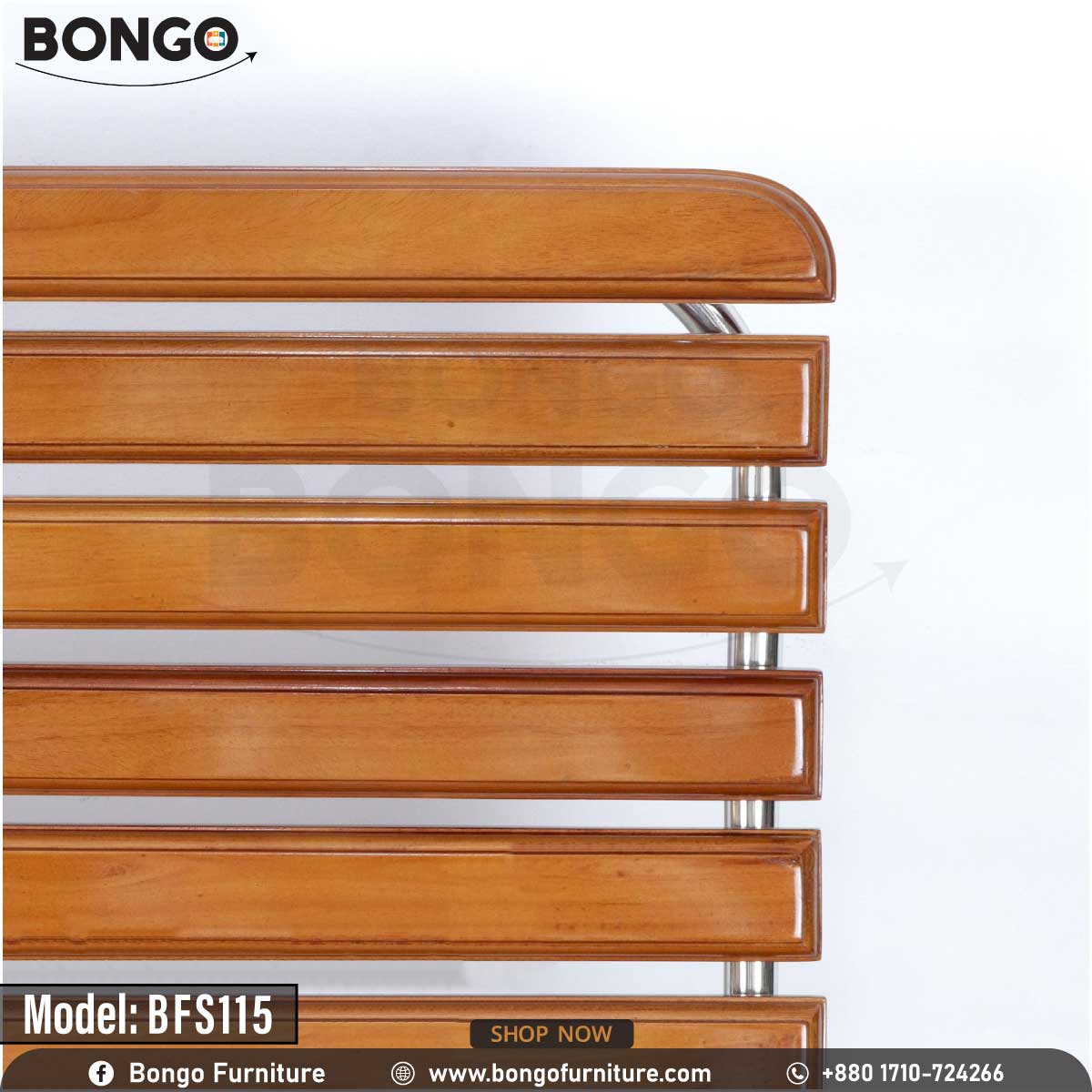 A brown office chair with a stainless steel body and solid wood seat, featuring a chrome base and nylon wheels.