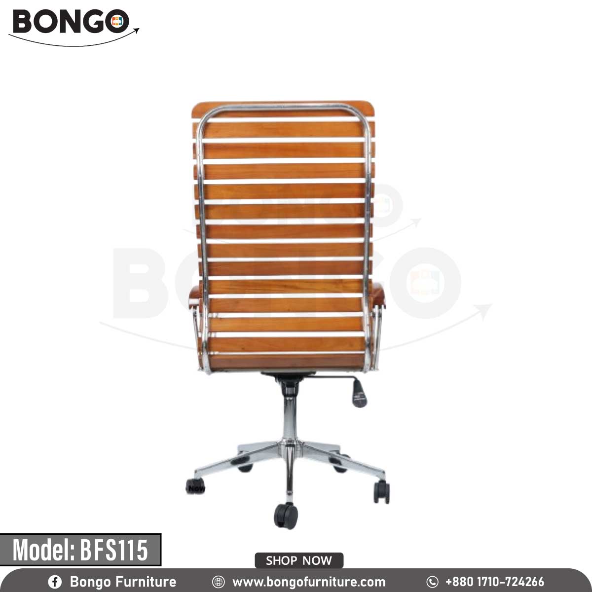 A brown office chair with a stainless steel body and solid wood seat, featuring a chrome base and nylon wheels.