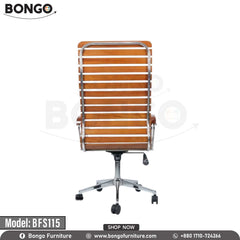 A brown office chair with a stainless steel body and solid wood seat, featuring a chrome base and nylon wheels. A brown office chair with a stainless steel body and solid wood seat, featuring a chrome base and nylon wheels.