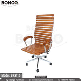 A brown office chair with a stainless steel body and solid wood seat, featuring a chrome base and nylon wheels.