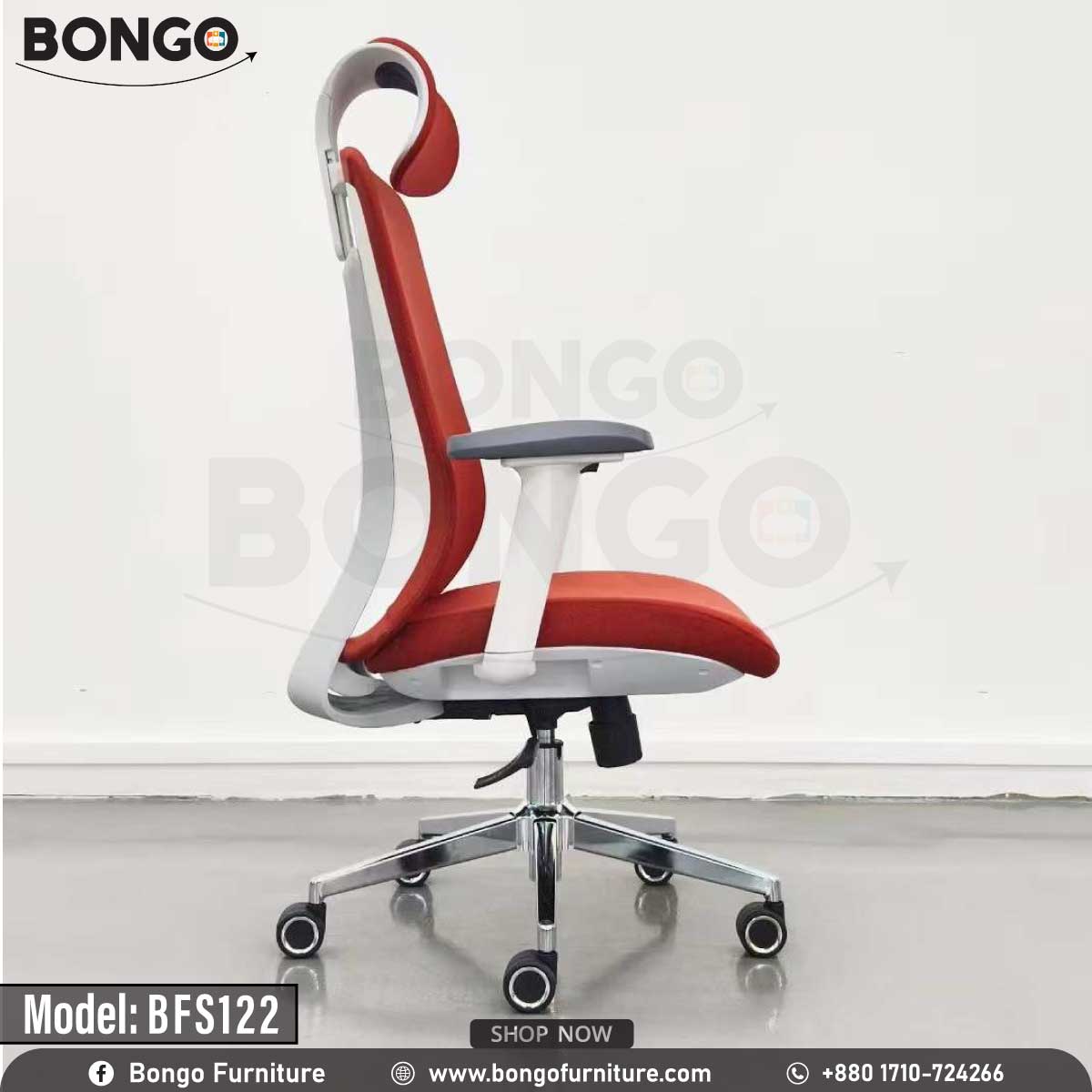 A Red leather Arcadia Director Chair with a chrome base and adjustable armrests, model BFS122, displayed against a white background.
