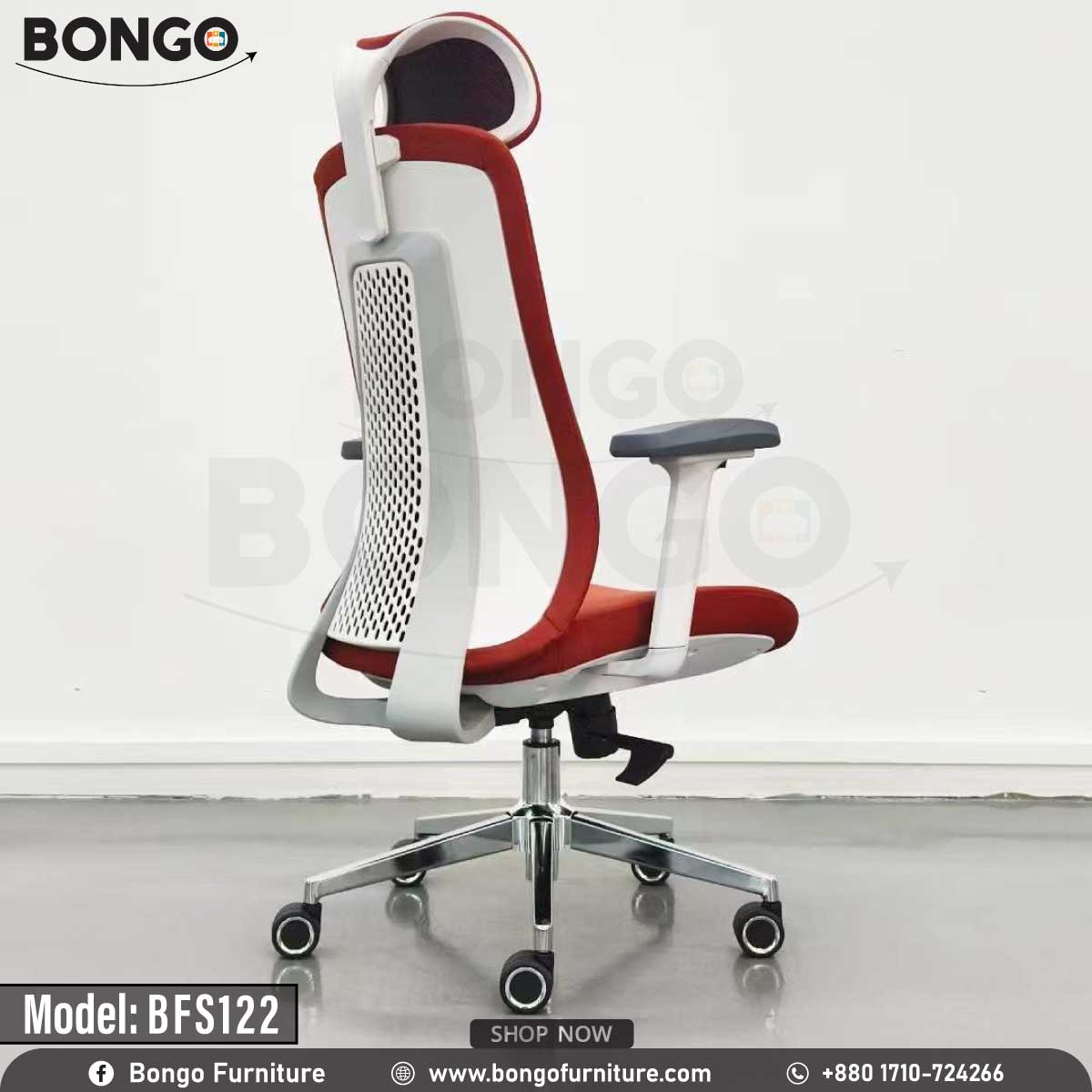 A Red leather Arcadia Director Chair with a chrome base and adjustable armrests, model BFS122, displayed against a white background.