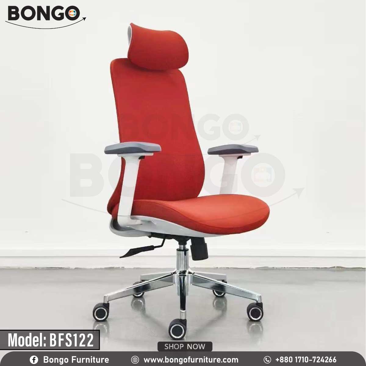 A red leather Arcadia Director Chair with a chrome base and adjustable armrests, model BFS122, displayed against a white background.