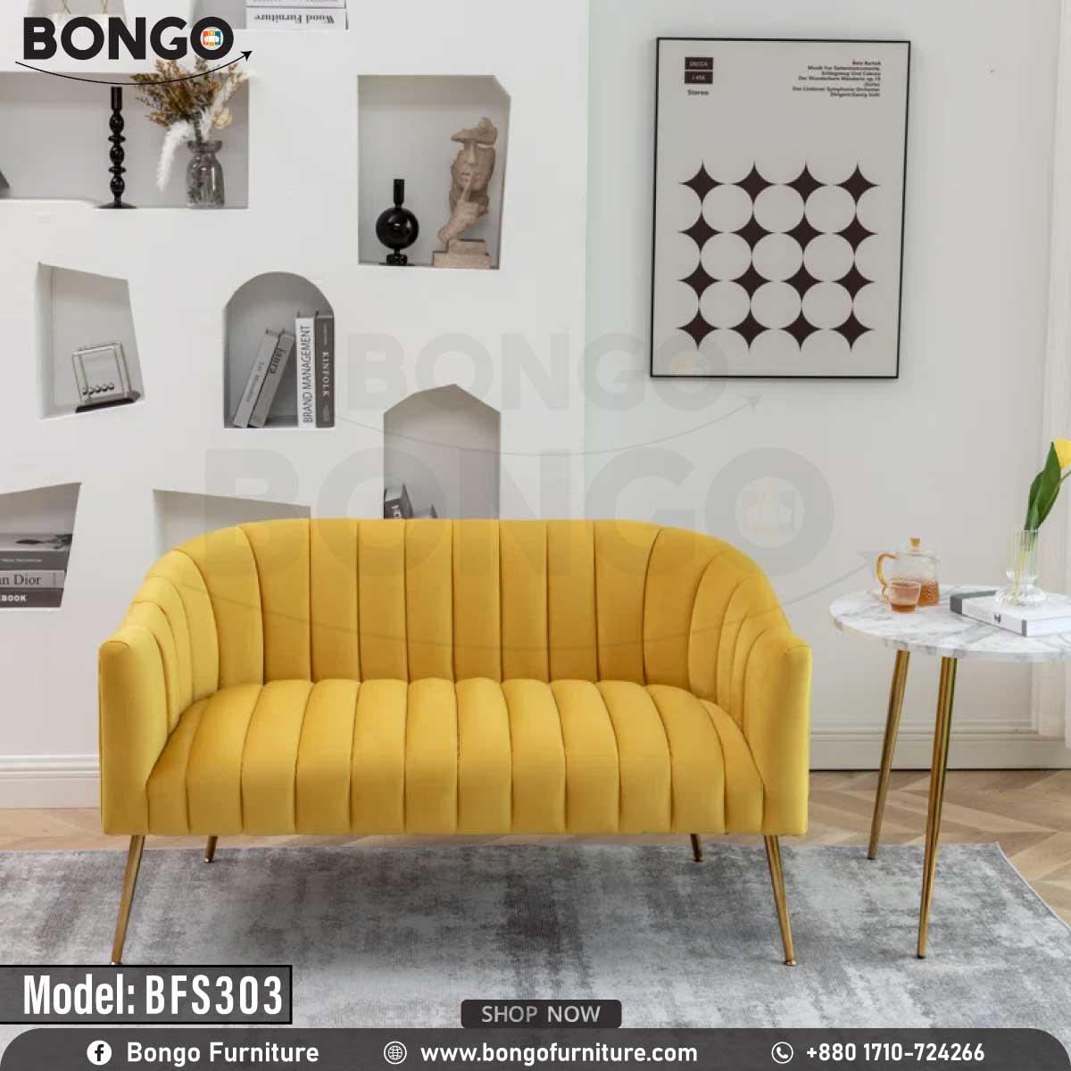 A Yellow upholstered sofa with a hardwood frame and metal legs, model BFS303, against a white background.