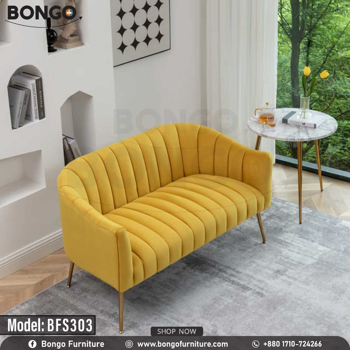 A yellow upholstered sofa with a hardwood frame and metal legs, model BFS303, against a white background.