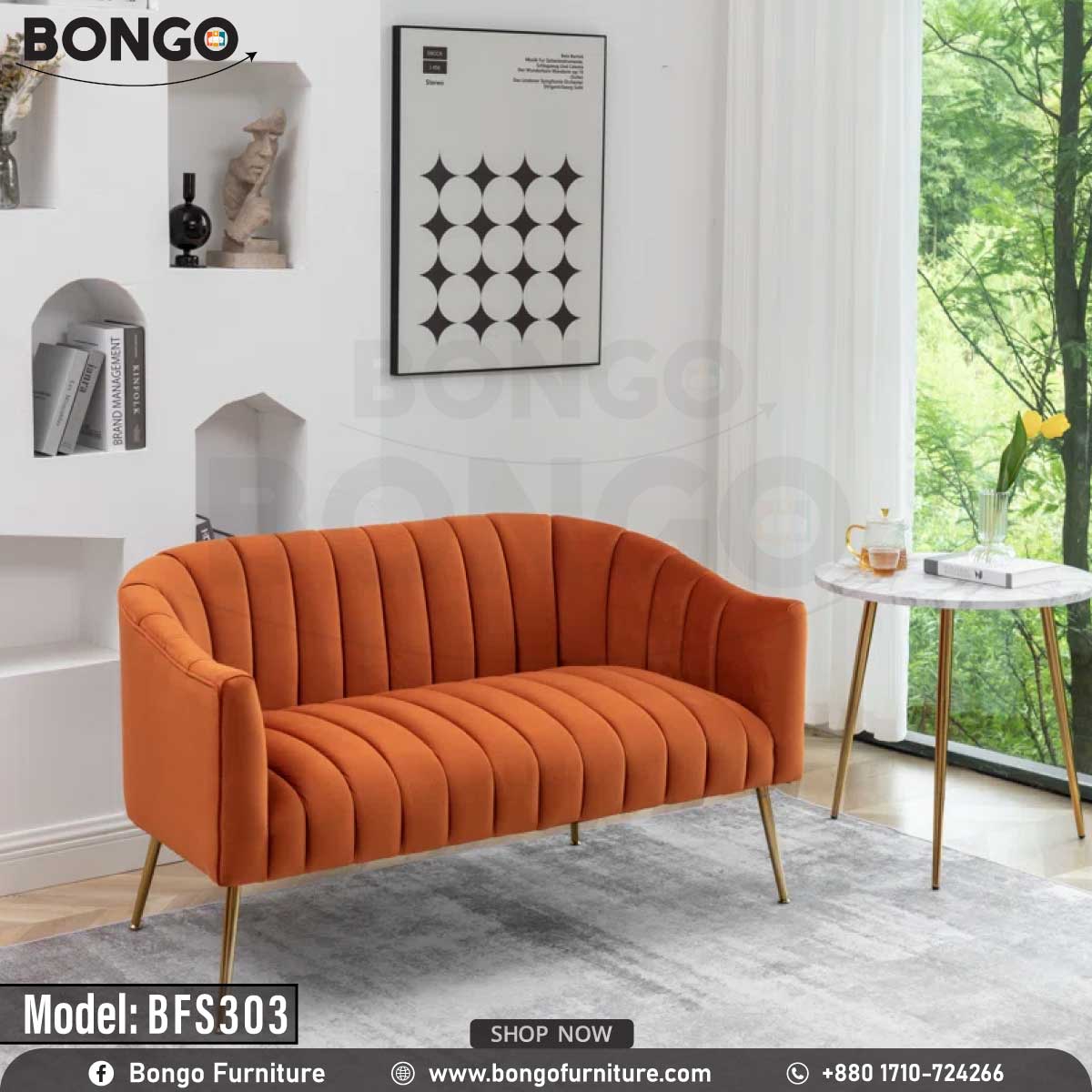 A Orange upholstered sofa with a hardwood frame and metal legs, model BFS303, against a white background.