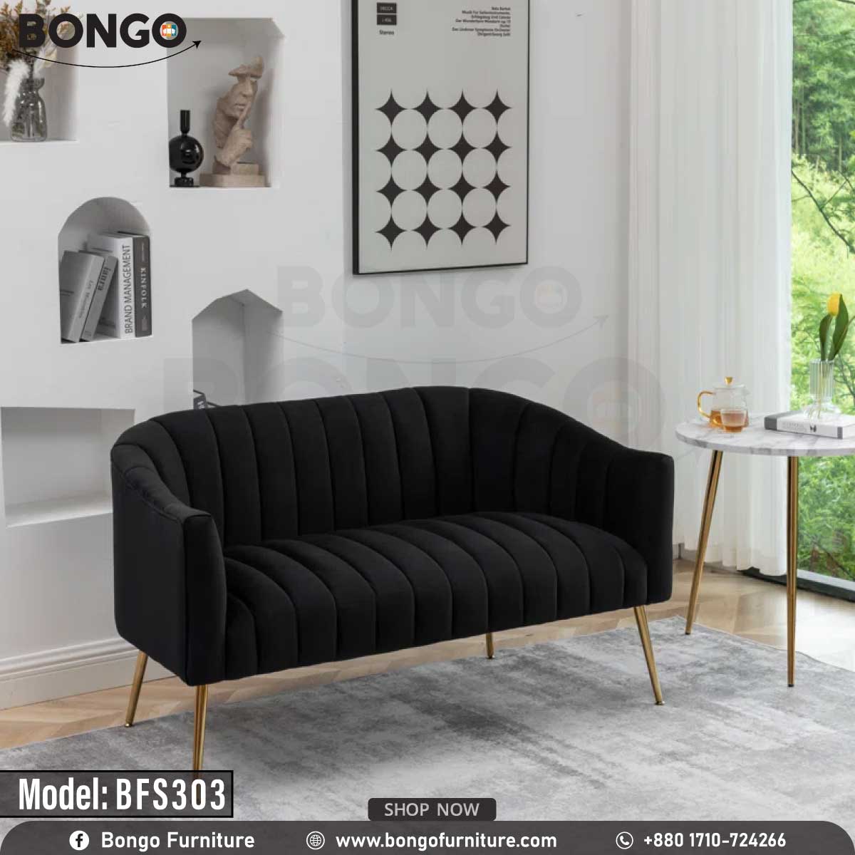 A Black upholstered sofa with a hardwood frame and metal legs, model BFS303, against a white background.