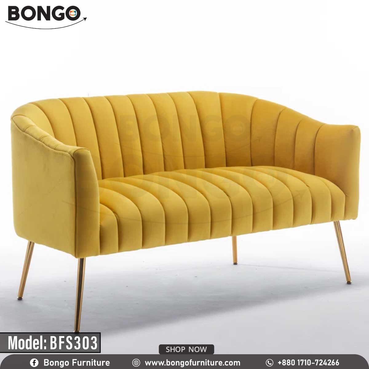 A Yellow upholstered sofa with a hardwood frame and metal legs, model BFS303, against a white background.