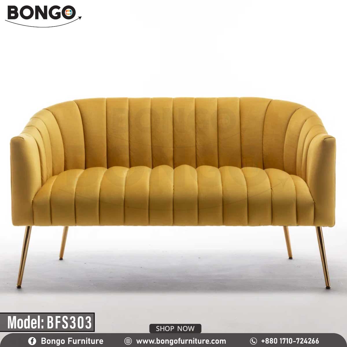 A yellow upholstered sofa with a hardwood frame and metal legs, model BFS303, against a white background.