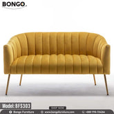 A yellow upholstered sofa with a hardwood frame and metal legs, model BFS303, against a white background.