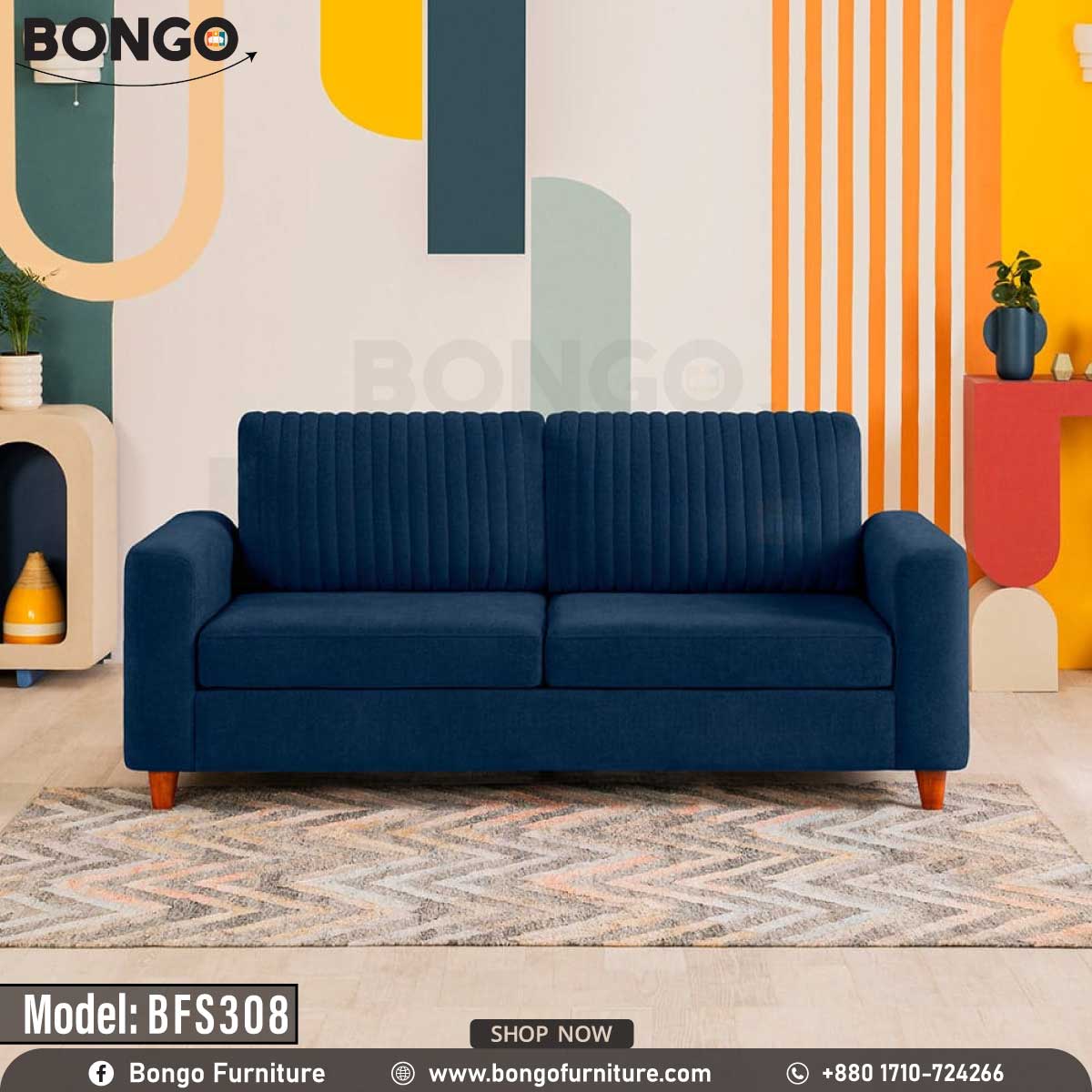 A Deep Blue upholstered sofa with wooden legs, positioned in a room with colorful wall art and decor.