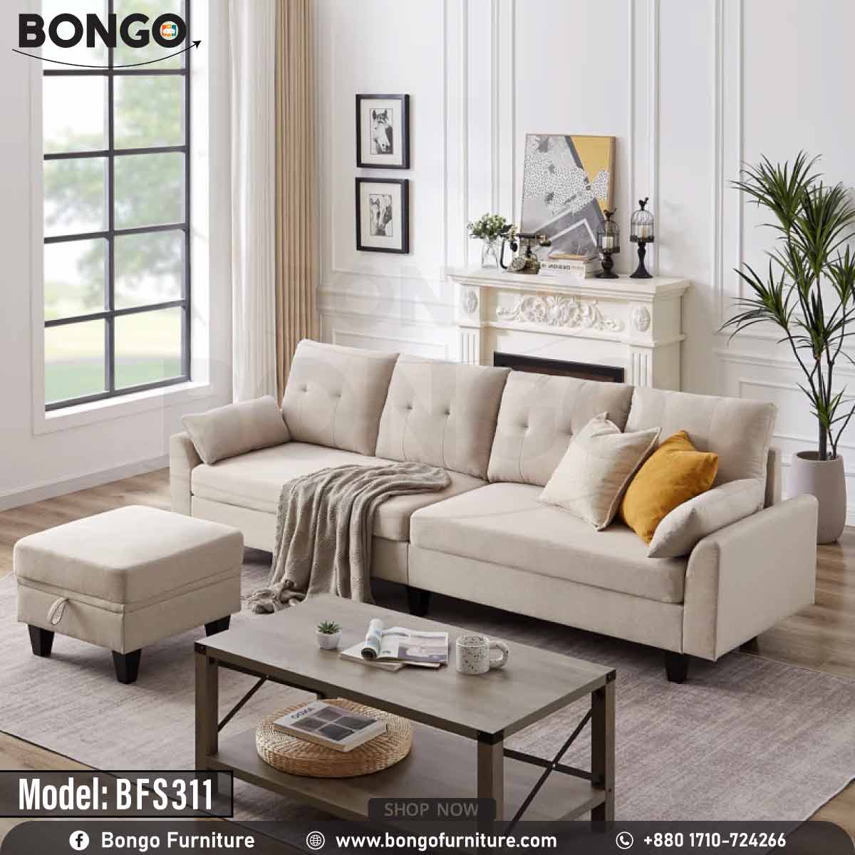 A Cream White 'Harriet Family Sofa' with a built-in espresso finish Metal legs, positioned in a well-decorated living room setting.