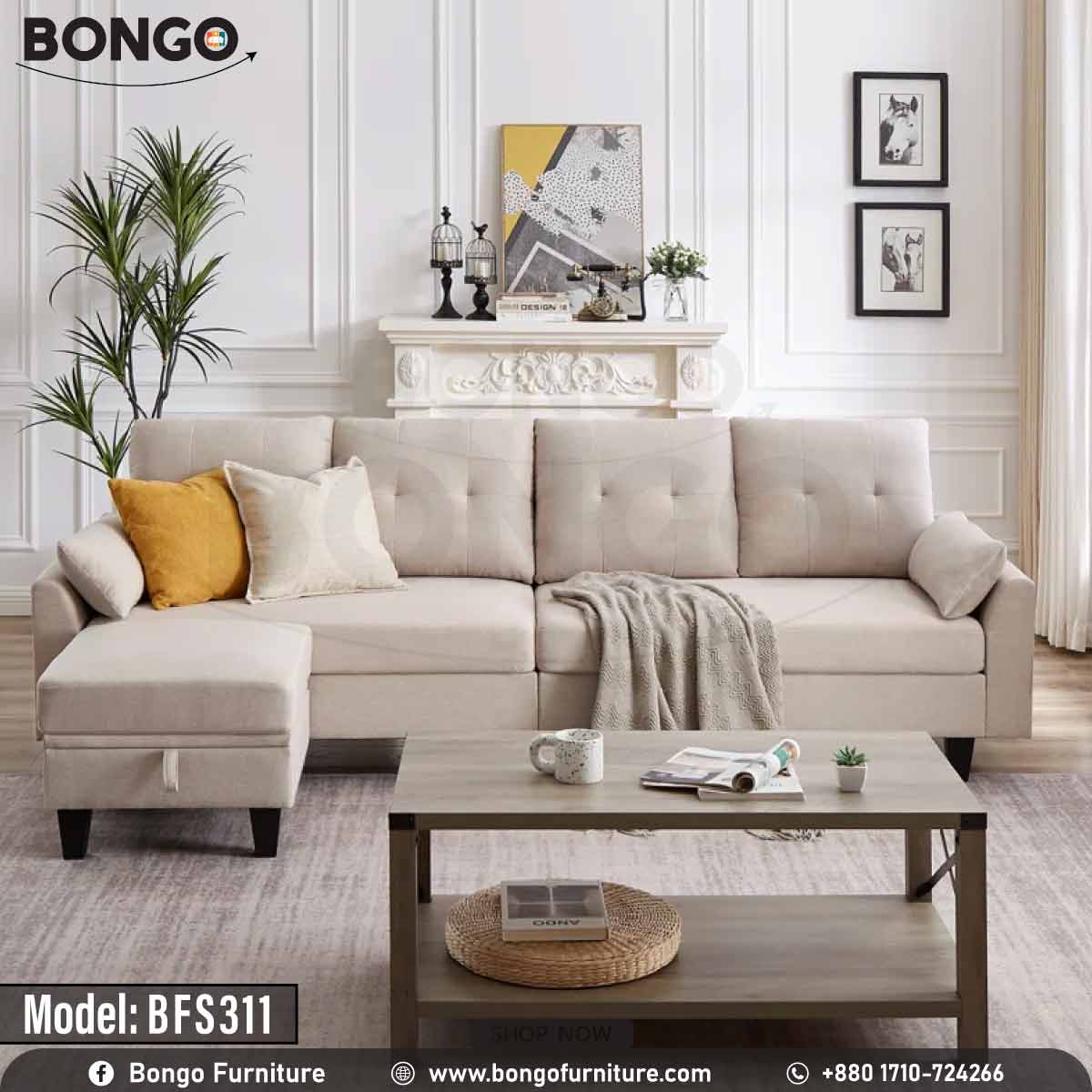 A Cream White 'Harriet Family Sofa' with a built-in espresso finish Metal legs, positioned in a well-decorated living room setting.