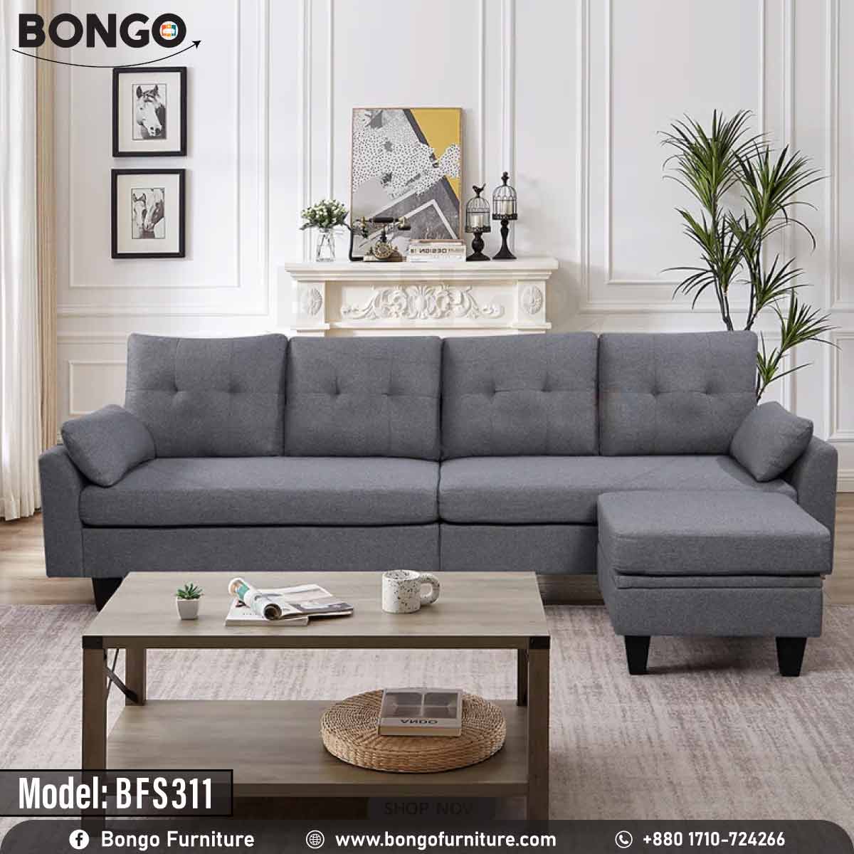 A Navy Blue 'Harriet Family Sofa' with a built-in espresso finish Metal legs, positioned in a well-decorated living room setting.