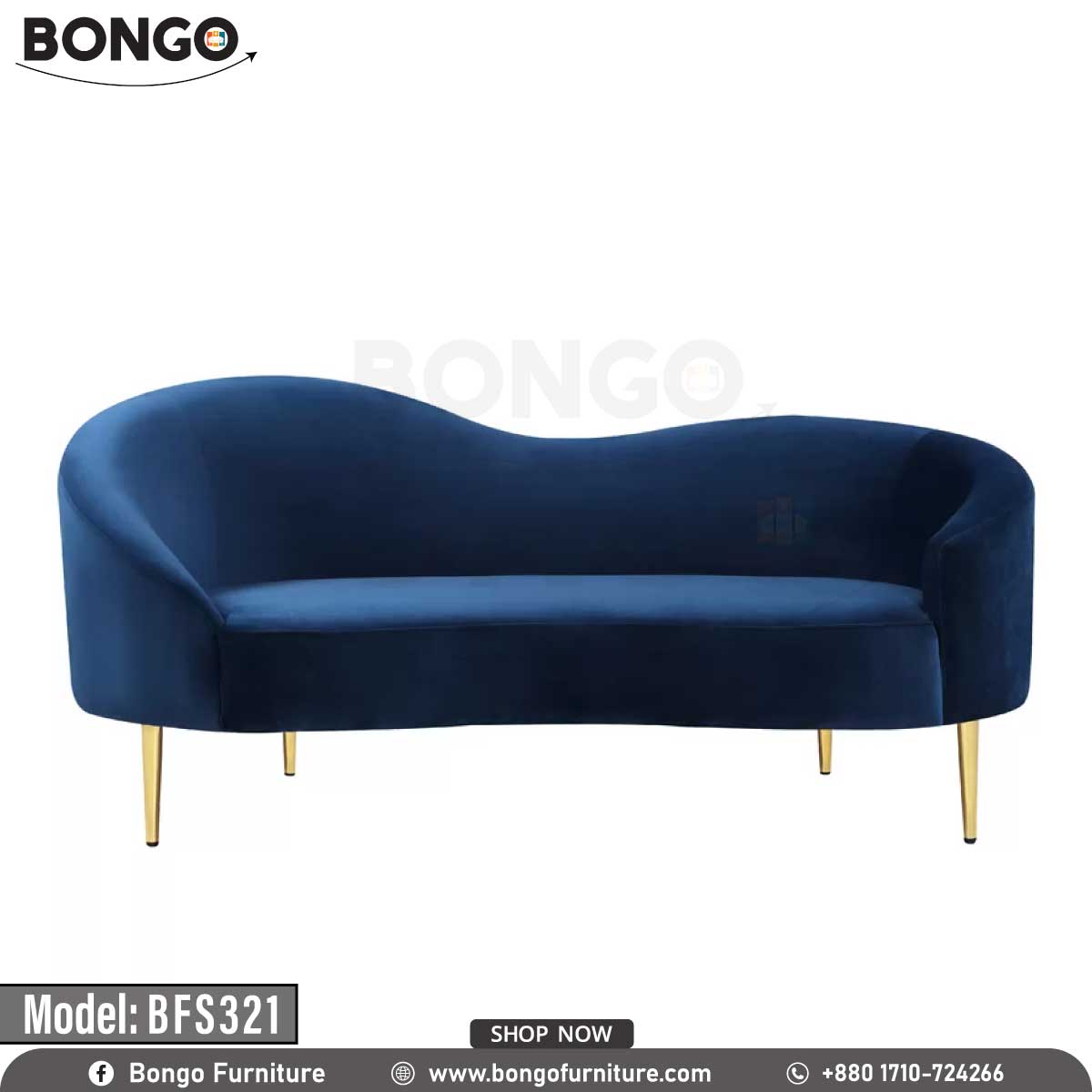 A modern Victoria sofa with a white upholstery, model BFS321, with gold steel legs, placed in a bright room with a window and a potted plant in the background.