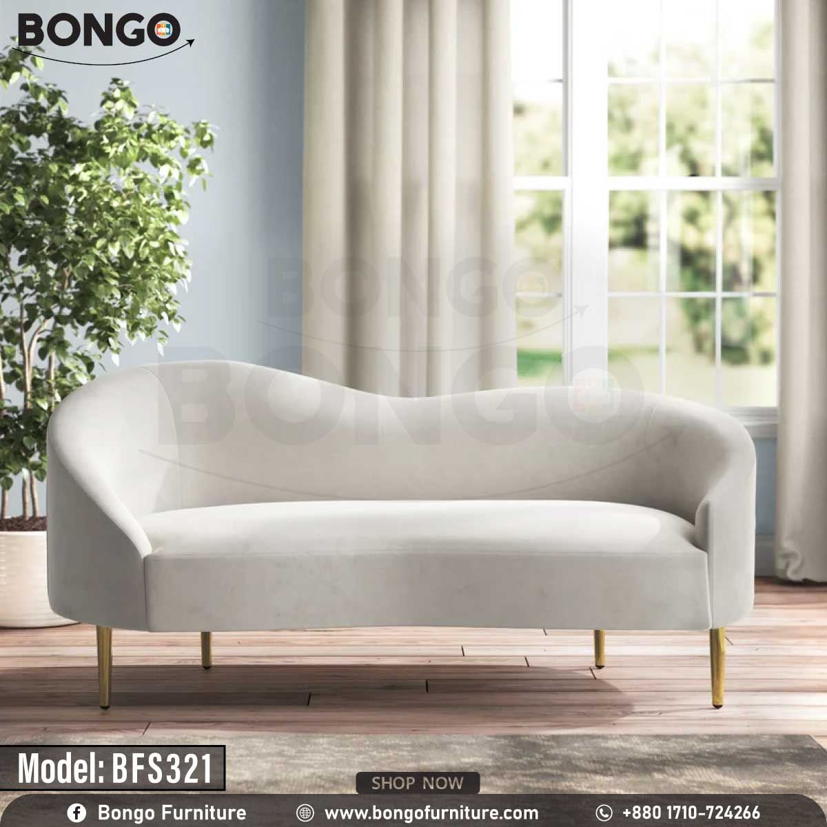 A modern Victoria sofa with a white upholstery, model BFS321, with gold steel legs, placed in a bright room with a window and a potted plant in the background.