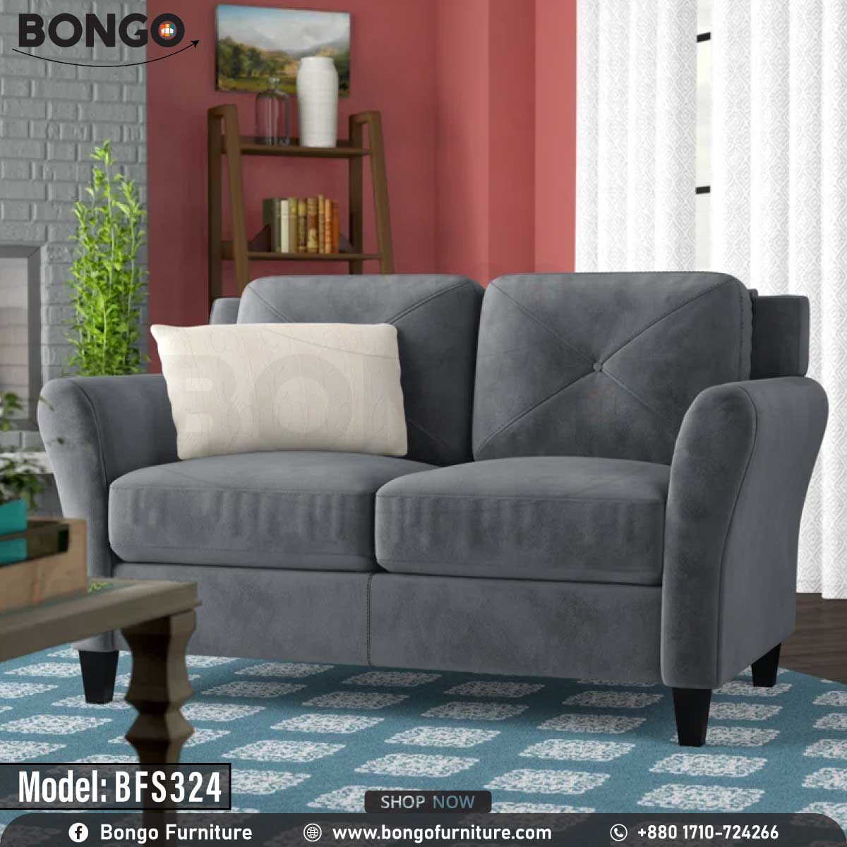 A gray Lunar Sofa with a built-in espresso finish wooden leg, pictured in a living room setting with decorative pillows, a plant, and a book on the side table.