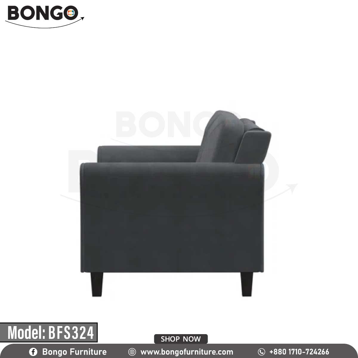 A side profile view of a traditional two-seater loveseat from BONGO. The loveseat is upholstered in a dark charcoal gray fabric and this view highlights its silhouette, showing the flared arm, angled back, and dark tapered wooden legs.