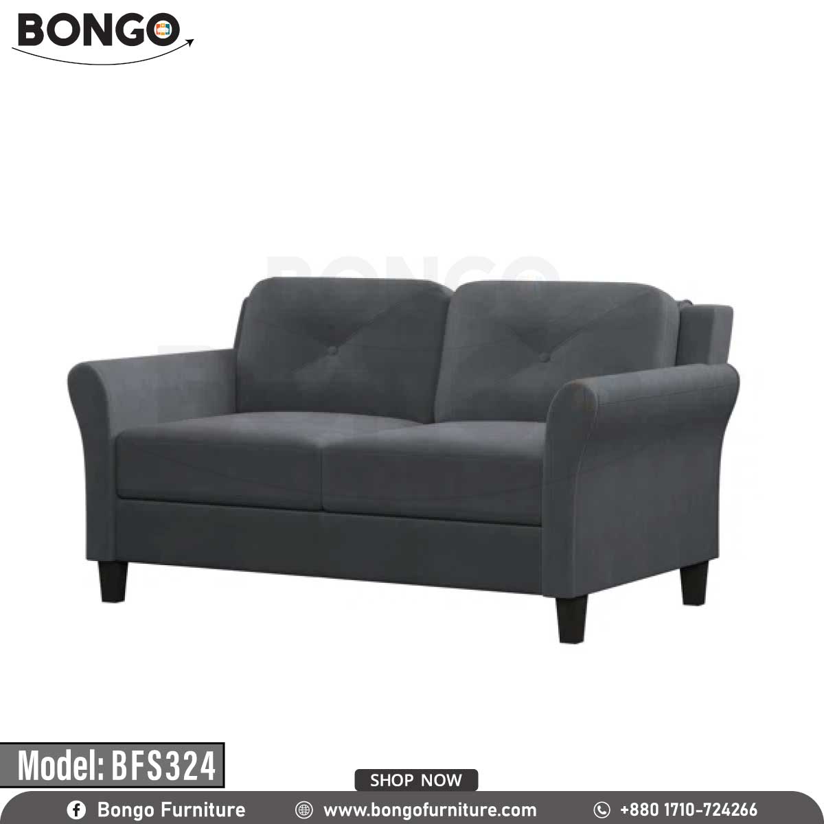 A traditional two-seater loveseat from BONGO, upholstered in a dark charcoal gray microsuede fabric. The loveseat features flared arms, two seat cushions, and a two-cushion back with a single button tuft on each. It is supported by four dark tapered legs and is shown against a white background.