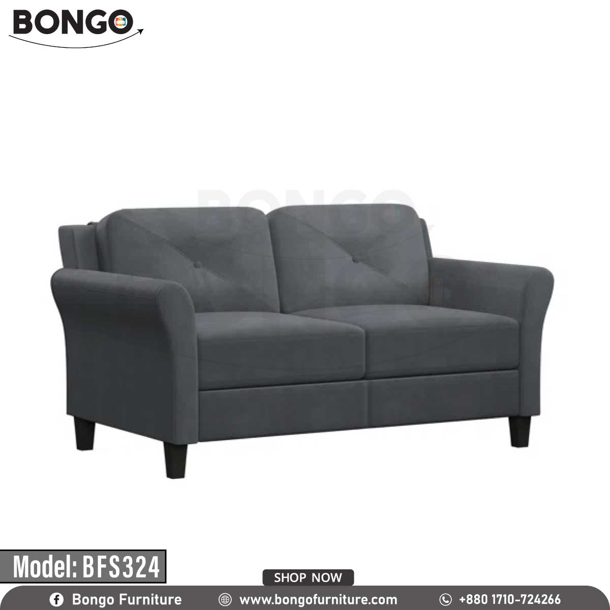 A side profile view of a traditional two-seater loveseat from BONGO. The loveseat is upholstered in a dark charcoal gray fabric and this view highlights its silhouette, showing the flared arm, angled back, and dark tapered wooden legs.