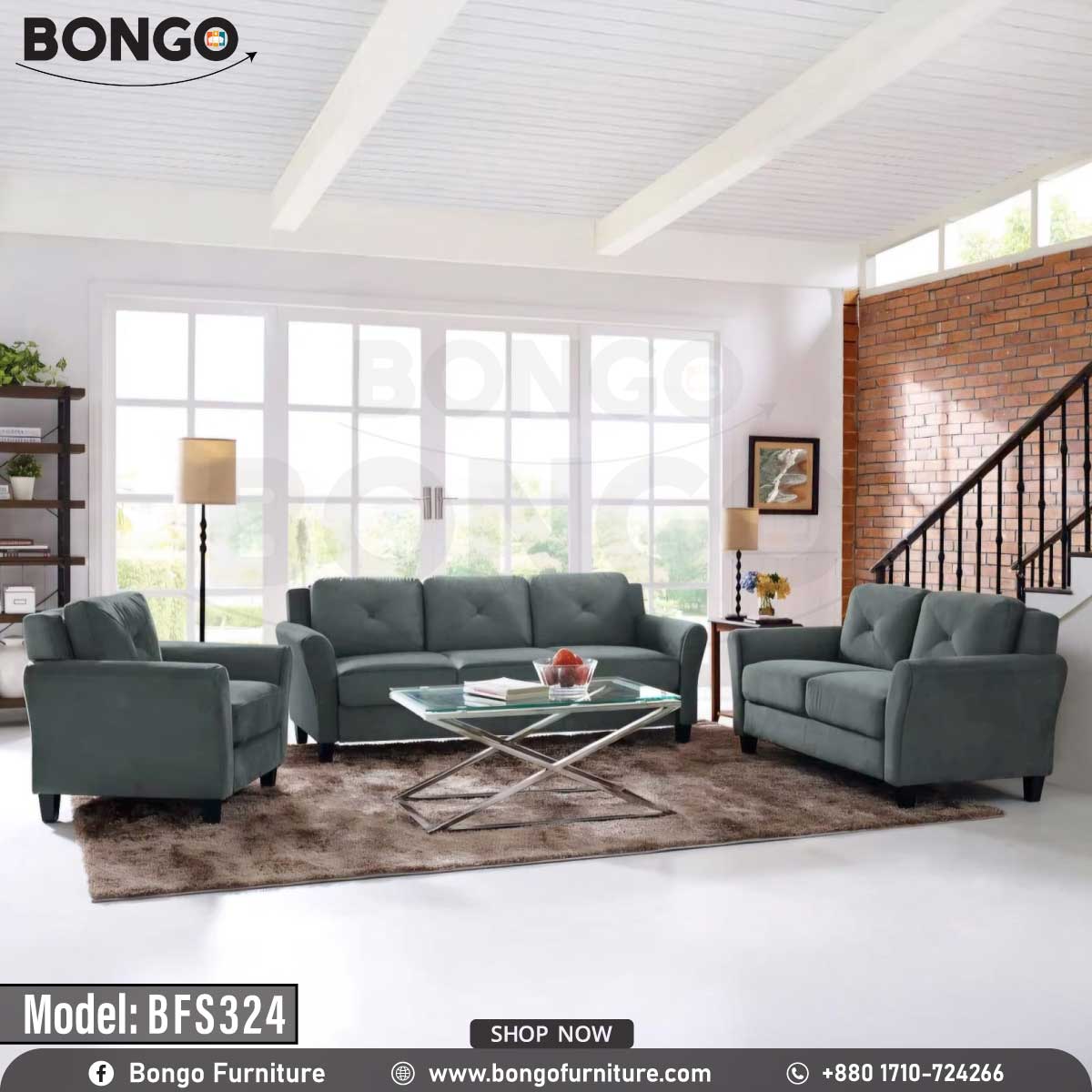 A gray Lunar Sofa with a built-in espresso finish wooden leg, pictured in a living room setting with decorative pillows, a plant, and a book on the side table.