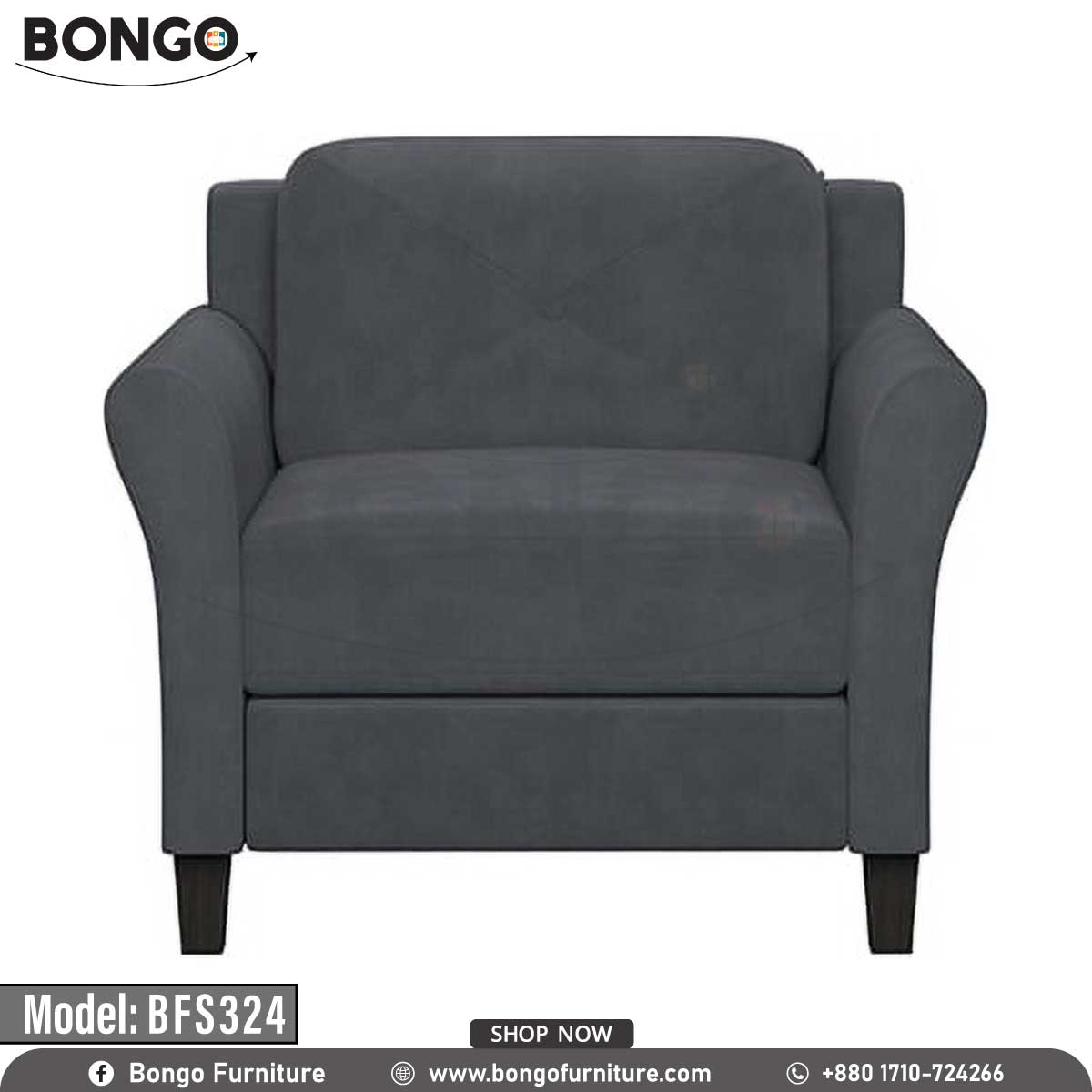 A traditional armchair from BONGO, upholstered in a dark charcoal gray fabric. The chair features flared arms, a thick T-shaped seat cushion, and a distinctive X-stitching detail on the backrest. It is supported by four dark tapered legs and is shown against a white background.