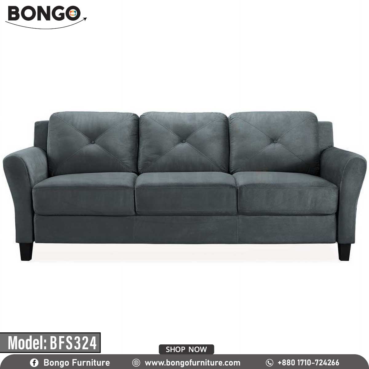 A gray Lunar Sofa with a built-in espresso finish wooden leg, pictured in a living room setting with decorative pillows, a plant, and a book on the side table.