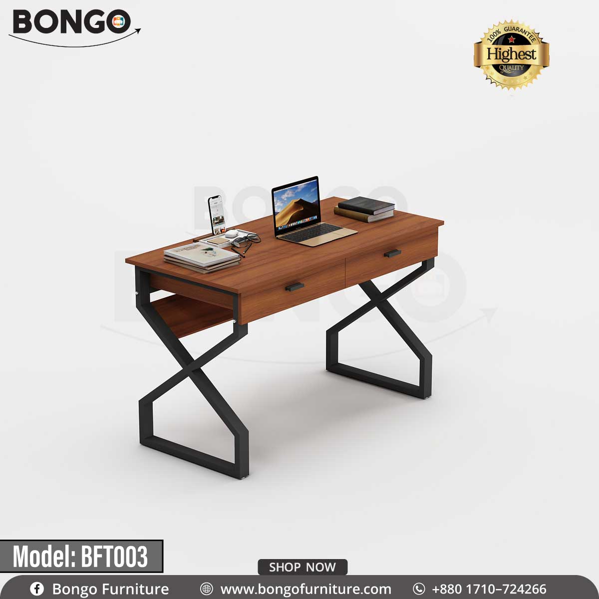 A Promo Teak study table with a Black metal frame and a tabletop, model BFT003, with various items placed on it like a laptop, books, and a mobile phone.