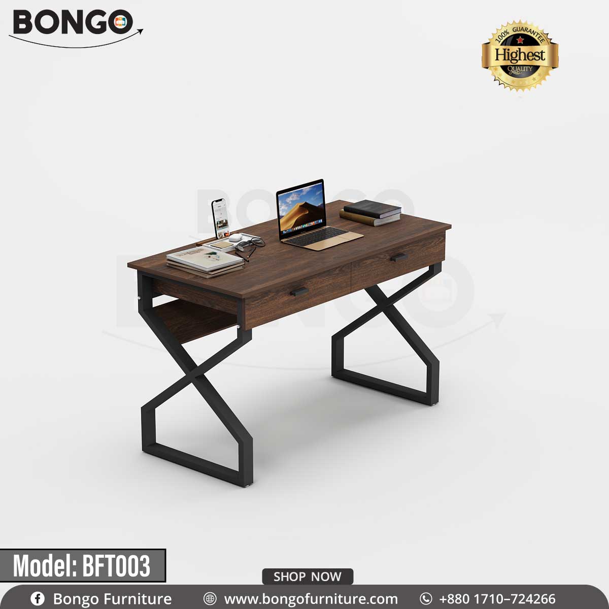 A Antic study table with a Black metal frame and a tabletop, model BFT003, with various items placed on it like a laptop, books, and a mobile phone.