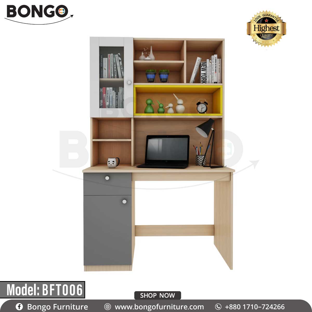 A study table with a wood finish, model BFT006, accompanied by a chair and bookshelves, with various items like a laptop, books, and decorative plants on the table.