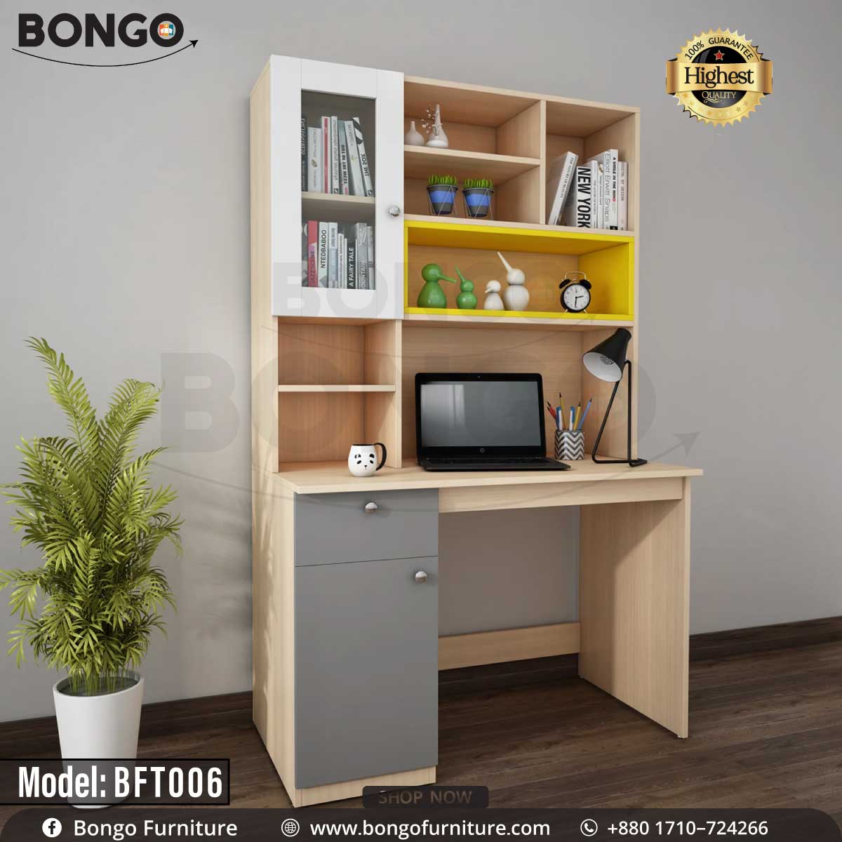 A study table with a wood finish, model BFT006, accompanied by a chair and bookshelves, with various items like a laptop, books, and decorative plants on the table.