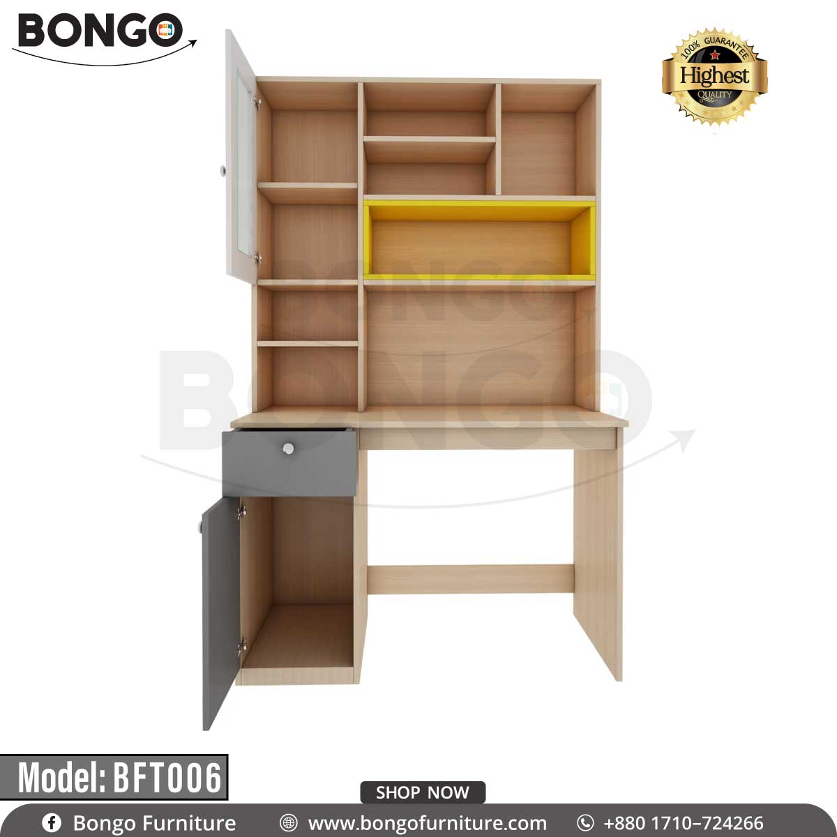 A study table with a wood finish, model BFT006, accompanied by a chair and bookshelves, with various items like a laptop, books, and decorative plants on the table.