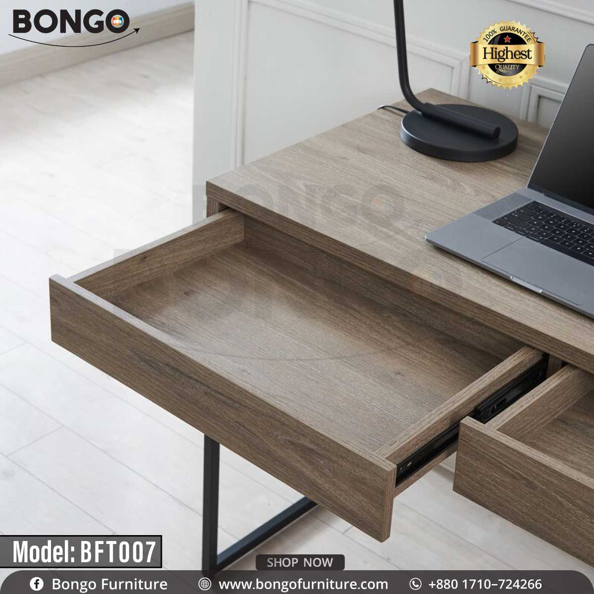 A rectangular brown study table with a metal frame and two drawers, branded Bongo Furniture, model BFT007.
