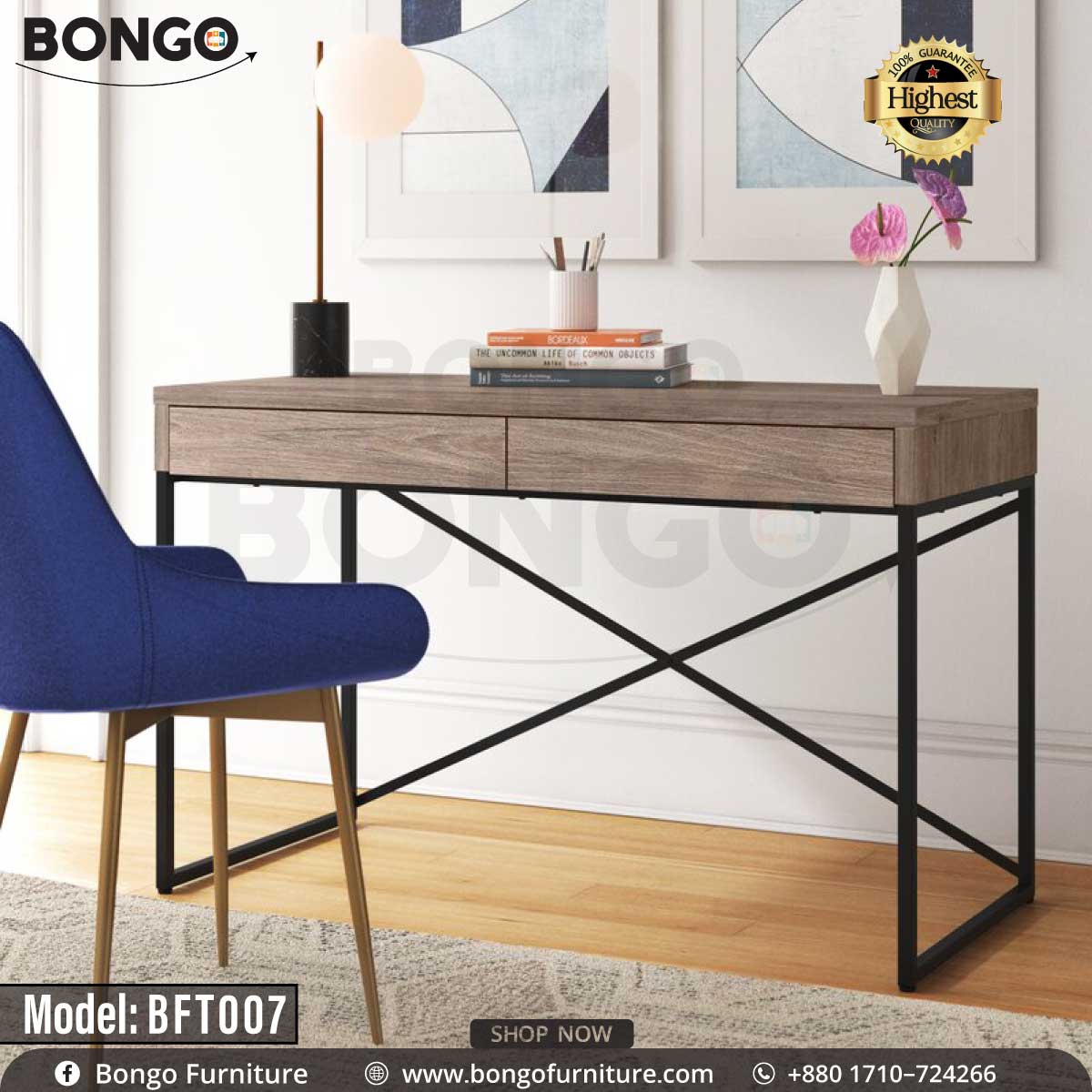 A rectangular brown study table with a metal frame and two drawers, branded Bongo Furniture, model BFT007.