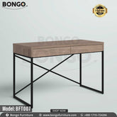 A rectangular brown study table with a metal frame and two drawers, branded Bongo Furniture, model BFT007.