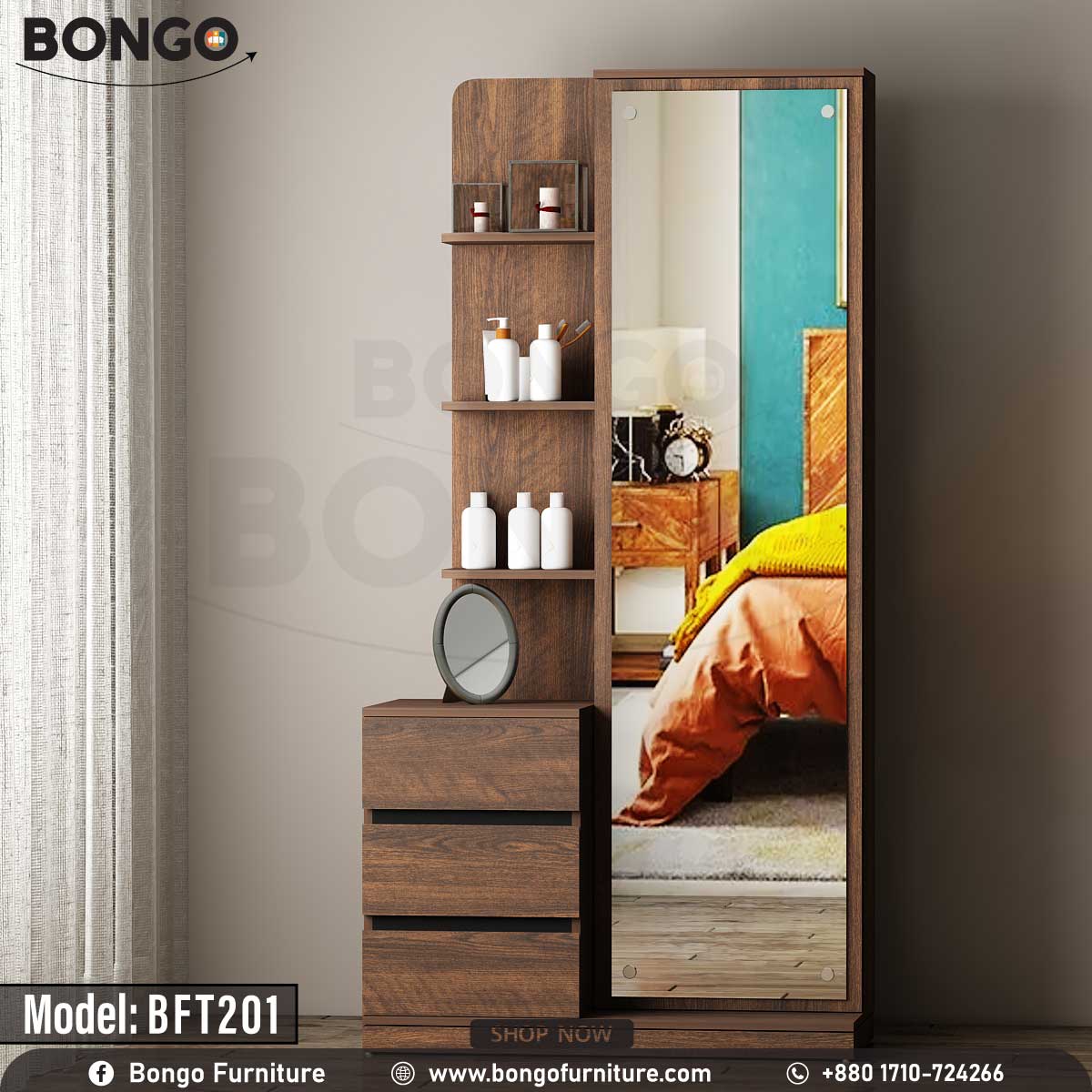 A wooden luxe dressing table with a mirror, model BFT201, with an upper drawer and lower shelves, displayed in a staged bedroom setting.