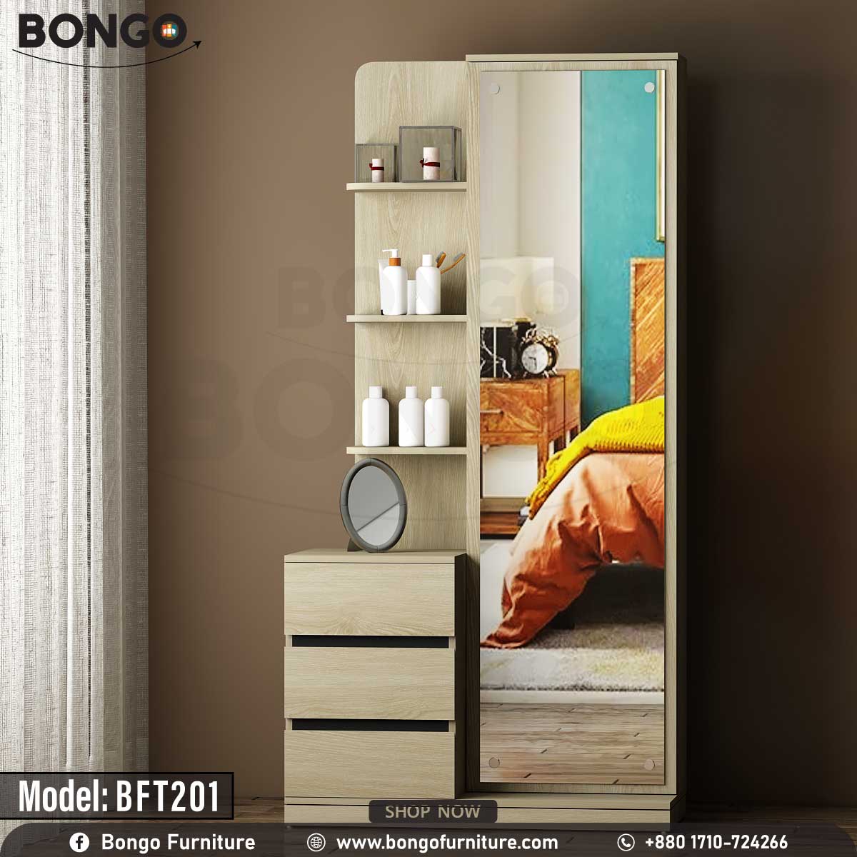 A Albino luxe dressing table with a mirror, model BFT201, with an upper drawer and lower shelves, displayed in a staged bedroom setting.