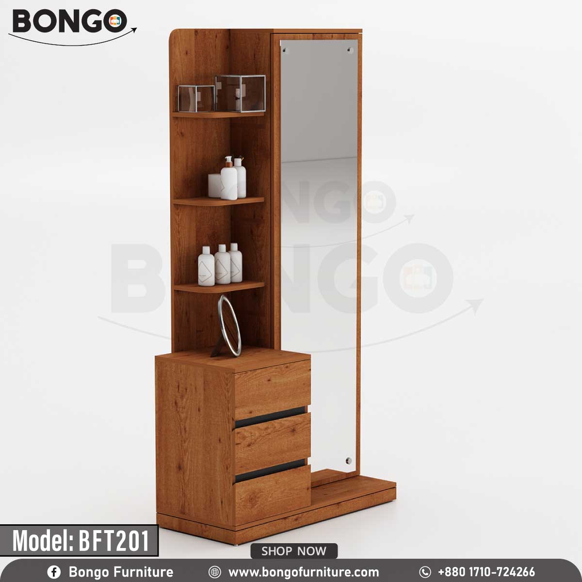 A Grand Pine luxe dressing table with a mirror, model BFT201, with an upper drawer and lower shelves, displayed in a staged bedroom setting.