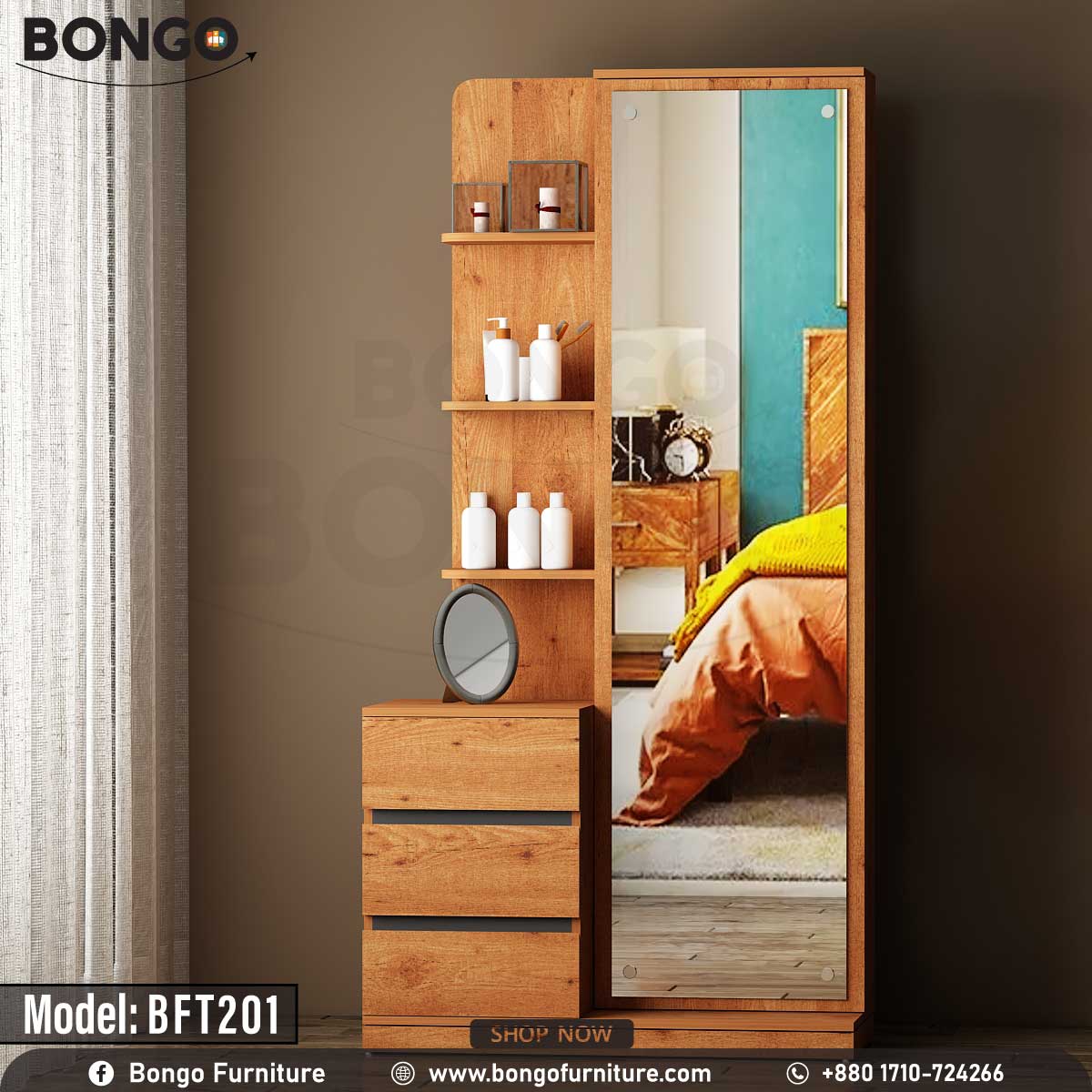 A wooden luxe dressing table with a mirror, model BFT201, with an upper drawer and lower shelves, displayed in a staged bedroom setting.