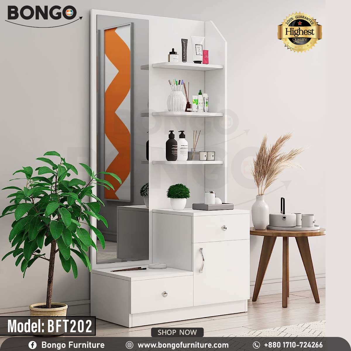 A white Bongo model BFT202 dressing table with a mirror, drawers, and vanity items displayed in the background.
